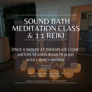 Sound bath meditation class and Reiki sessions at Theraplate Clinic with Lauren Brown.