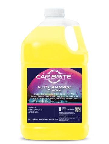 Yellow Car Brite auto shampoo and wax in a gallon container.