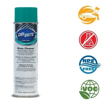 Aerosol glass cleaner can with eco-friendly symbols.