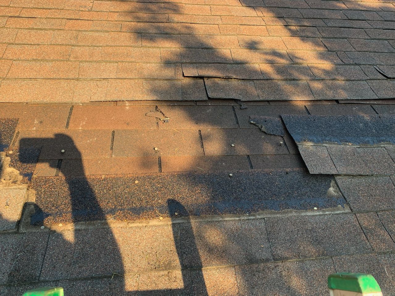 Asphalt shingles torn up to expose a second shingle layer.