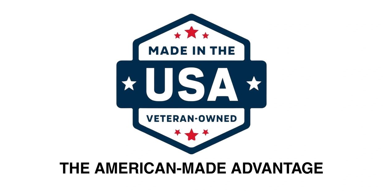 Badge stating 'Made in the USA, Veteran-Owned' with stars.