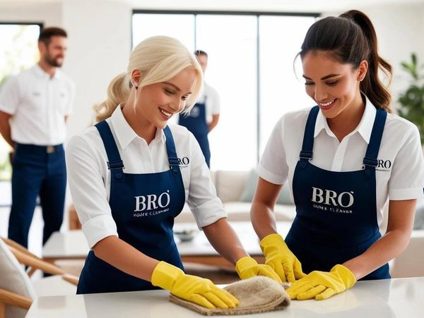 Two women in uniforms cleaning a surface with yellow gloves and cloths.