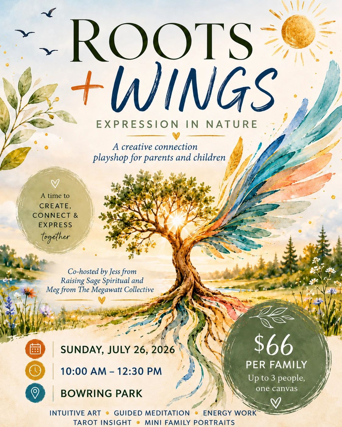 Illustrated flyer for a creative parent-child playshop in nature with artistic tree and wings.
