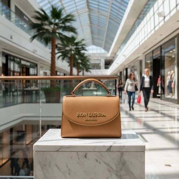 Elegant tan handbag displayed on a marble pedestal inside a bright shopping mall.