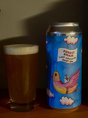 A glass of hazy IPA beer next to its colorful can with a bird illustration.