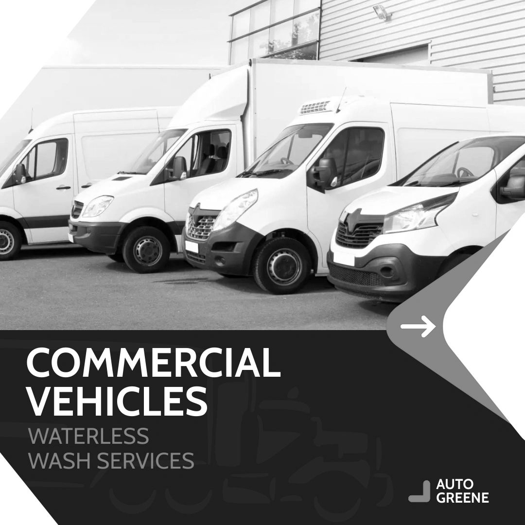 row of white commercial vehicles waterless wash services poster
