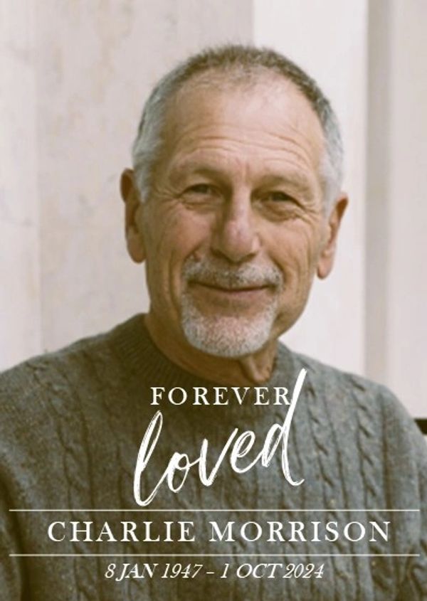 Portrait of an elderly man with 'Forever Loved' tribute text.