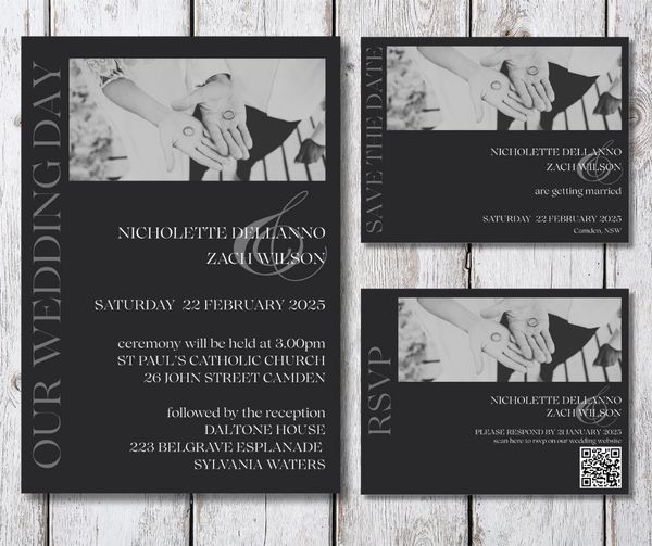 Elegant black and white wedding invitation suite featuring hands with rings and event details.