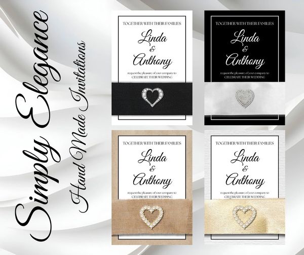 Elegant wedding invitations with heart embellishments in black, white, and burlap styles. Wedding stationery, wedding invitations