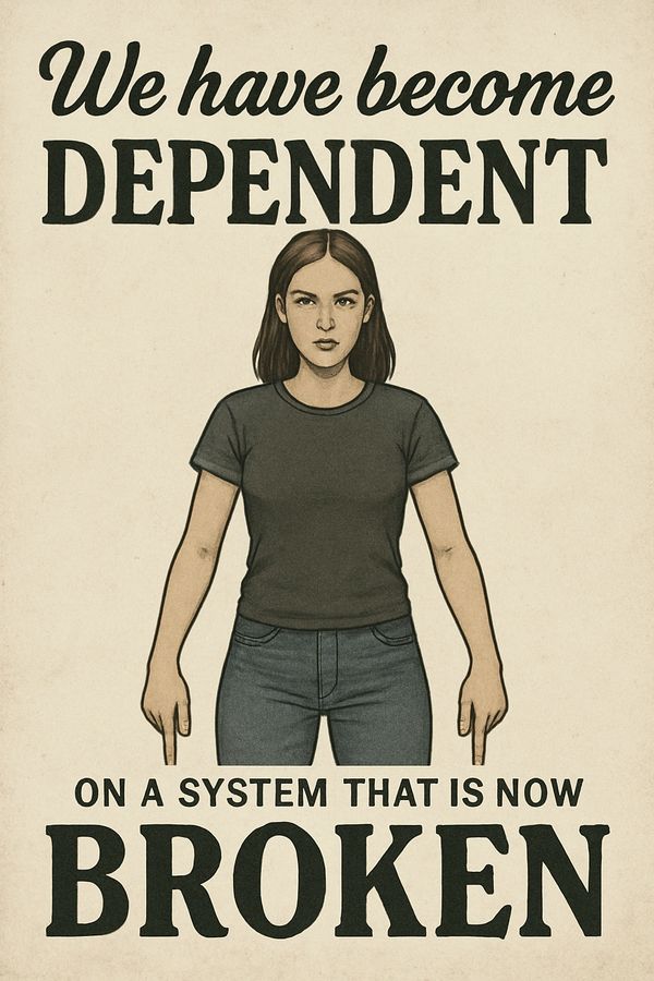A woman points down with a message about dependency on a broken system.