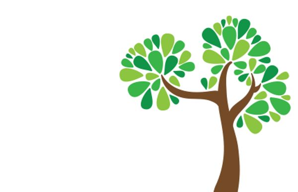 Stylized tree with green leaves and a brown trunk on white background.