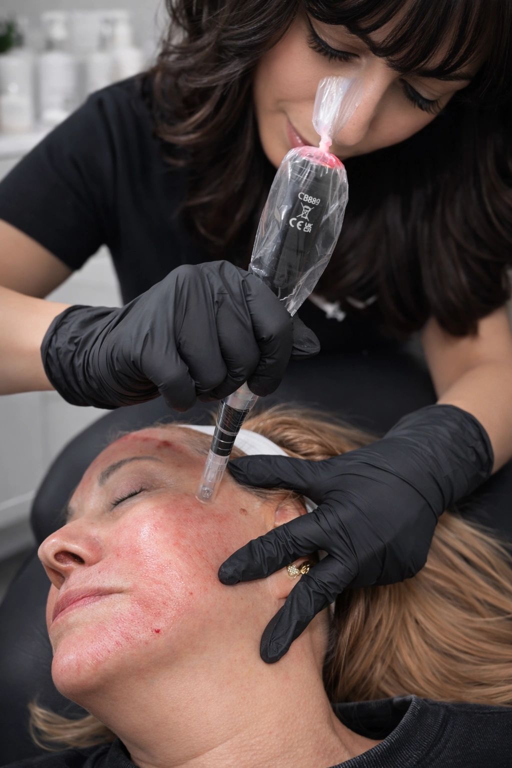 Provider performing a microneedling treatment on a client’s cheek at Ever Vita Aesthetic in Wayne, NJ.