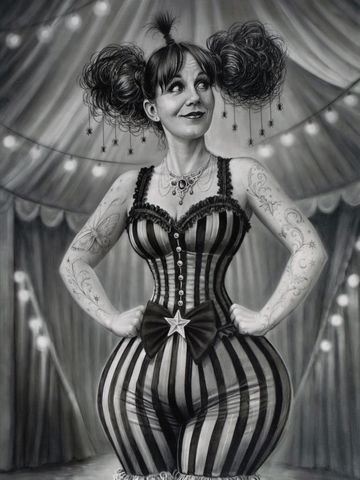 Woman in striped circus outfit with dramatic hairstyle.