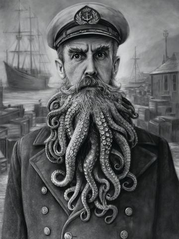 Portrait of a sea captain with an octopus beard.