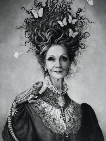 Black and white portrait of an elderly woman with butterflies in her hair and a lizard on her shoulder.