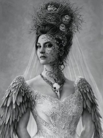 Woman with bird's nest hair and feathered wings.