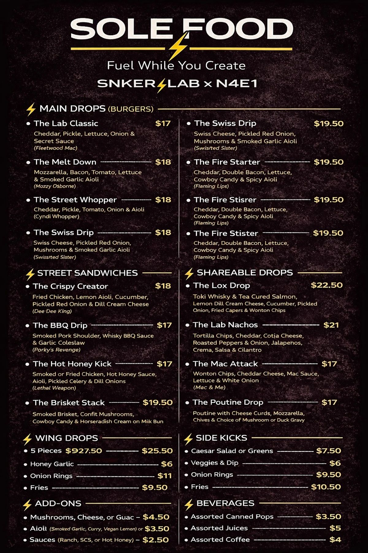 Sole Food menu featuring burgers, sandwiches, wing drops, shareable items, sides, add-ons, and beverages.