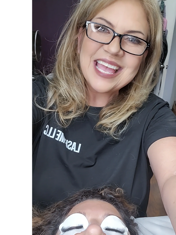 Shelly from Lash-Me LLC after a UV LED lash fill, providing eyelash extensions in Austin, Texas.