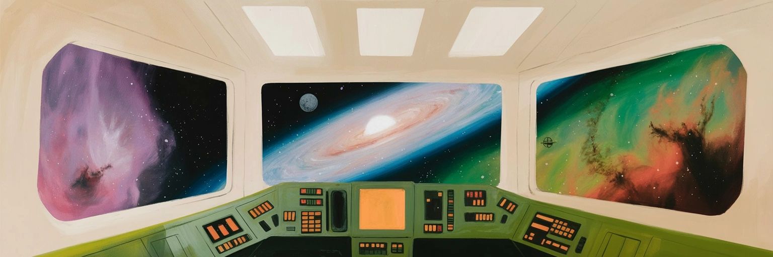 View from a spaceship cockpit showing colorful galaxies and nebulae outside.