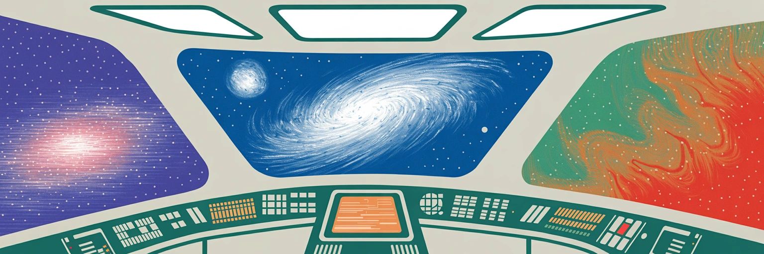 View of colorful galaxies through a spaceship cockpit window.