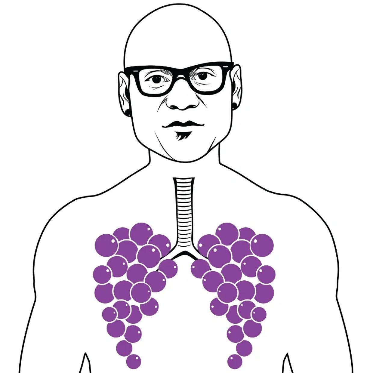 Illustration of lungs made of purple grapes inside a man's chest.