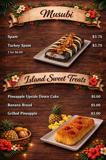 Menu featuring Musubi and Island Sweet Treats with prices and images.
