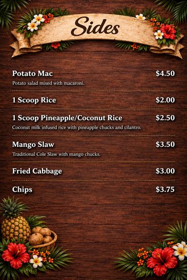 Menu listing tropical-inspired side dishes with prices on a wooden background.