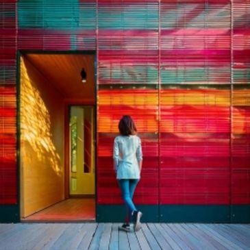 Person walking toward a colorful modern building entrance.