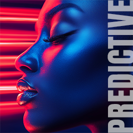 Profile of a woman illuminated by vibrant blue and red lights with the word 'PREDICTIVE'.