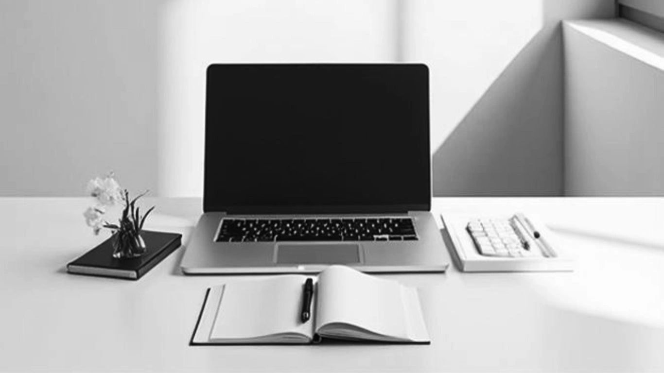 a black and white photo of a desk with a laptop on it