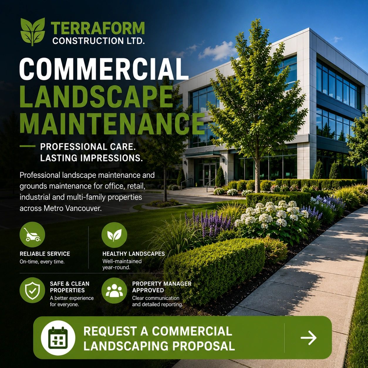 Professional commercial landscape maintenance for office, retail, industrial