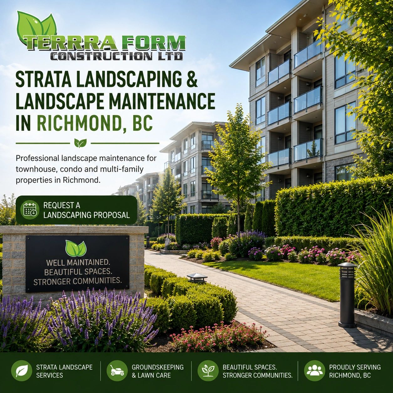 Strata landscaping in Richmond BC for townhouse and condo properties with scheduled landscape maint