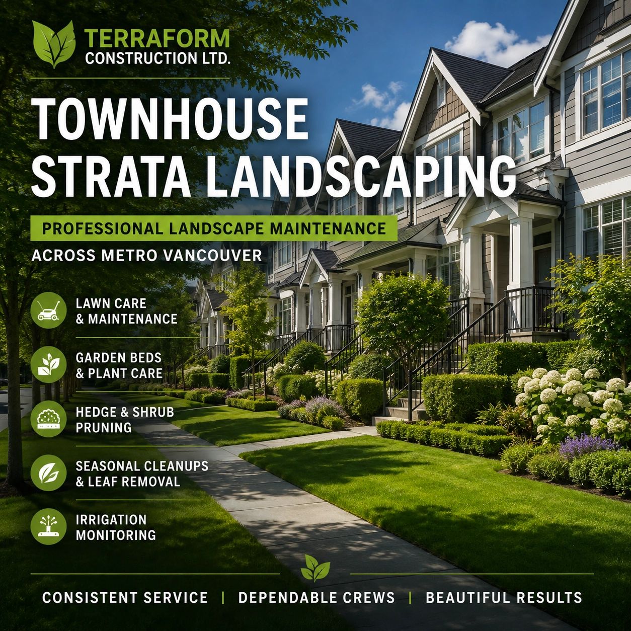 Professional townhouse strata landscaping in Metro Vancouver with manicured lawns, and garden beds.