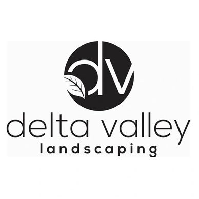 Logo for Delta Valley Landscaping featuring stylized initials and a leaf.