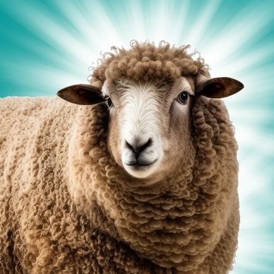 Close-up of a curly-haired sheep with a radiant blue background.