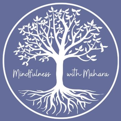 White tree with roots and leaves, text 'Mindfulness with Mahara' on blue circle background.