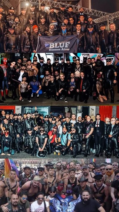 Four group photos of men in leather and fetish attire at BLUF Buenos Aires gatherings.
