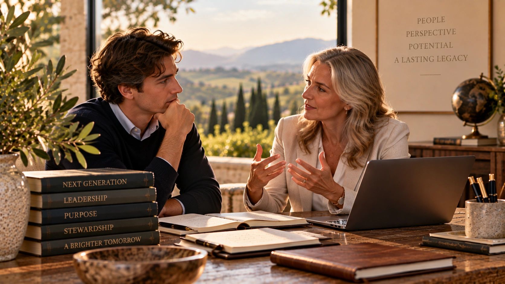 Two professionals engaged in deep discussion in a serene office setting.