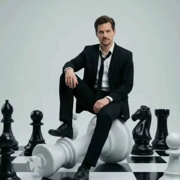 Man in suit sitting on a giant chess king piece with a chessboard background.