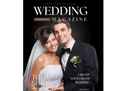Magazine cover with bride & groom in the middle surrounded by titles pertaining to their wedding