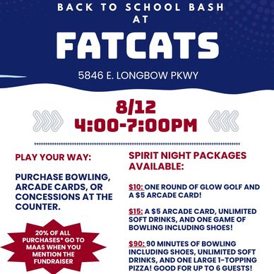 Flyer for Back to School Bash at FatCats with event details and spirit night packages.