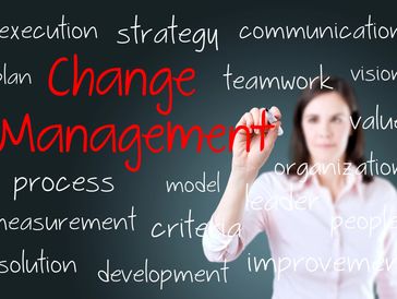 Businesswoman writing change management and related concepts on transparent board.