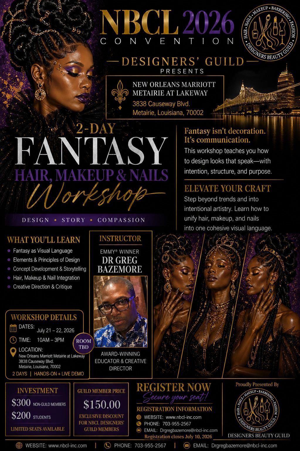 NBCL 2026 Fantasy Hair, Makeup &amp; Nails Workshop with Dr. Greg Bazemore in New Orleans.