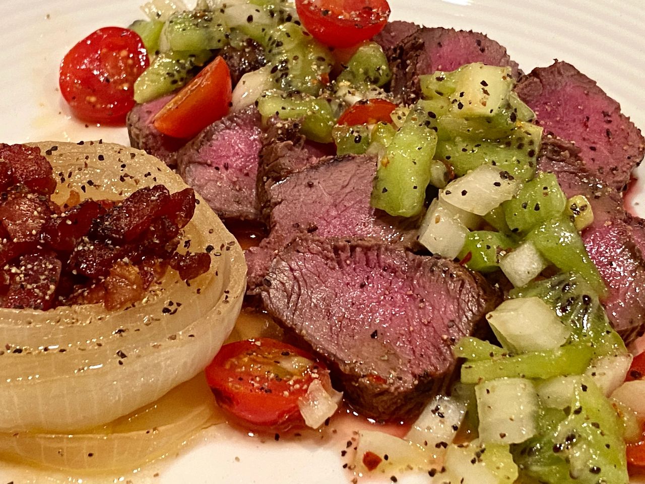 Seared Venison Loin with Kiwi Fruit Salsa and Roasted Onion