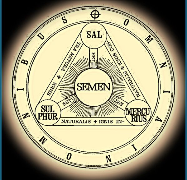 Alchemical symbol with SAL, SULPHUR, and MERCURIUS forming a triangle around SEMEN.