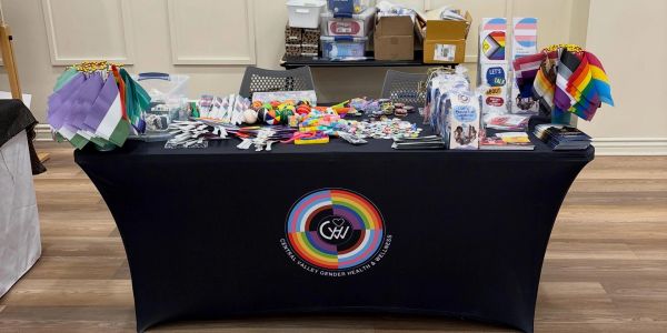 Information table with pride and awareness flags and materials.