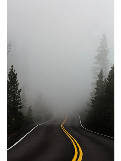 Winding road going off into the fog