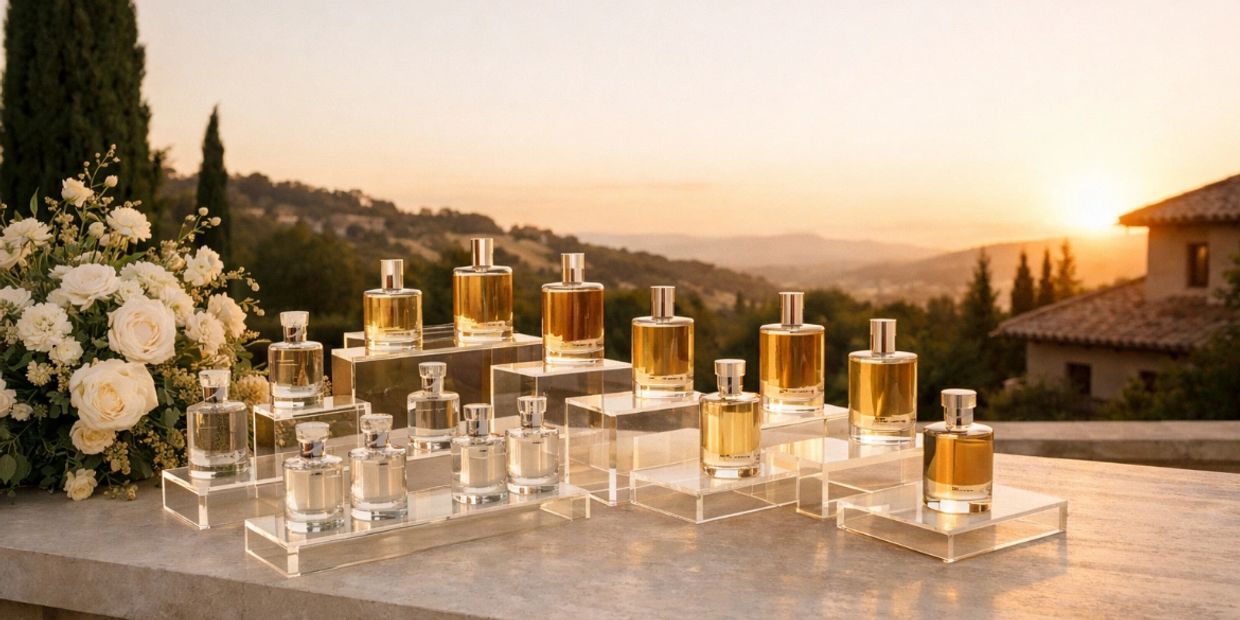 Assortment of perfume bottles displayed on clear stands at sunset.