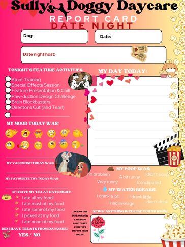 Sully's Doggy Daycare date night report card with activities and mood tracking for dogs.