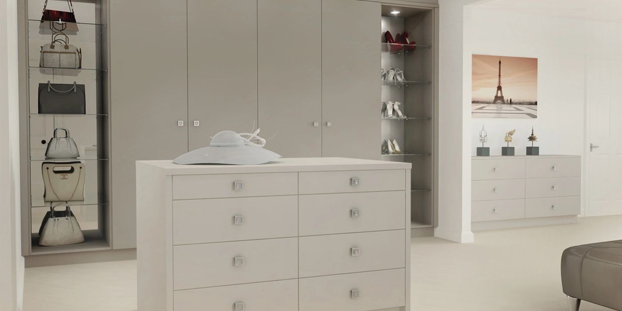 Light grey bespoke fitted wardrobe in Derby, made-to-measure and professionally installed.
